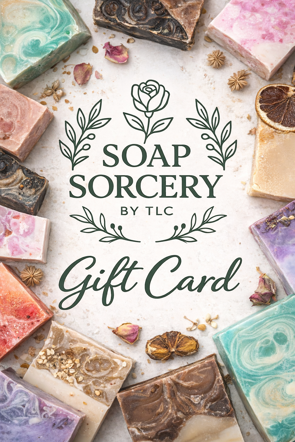Gift card for 'Soap Sorcery by TLC' with various soap bars on a light background