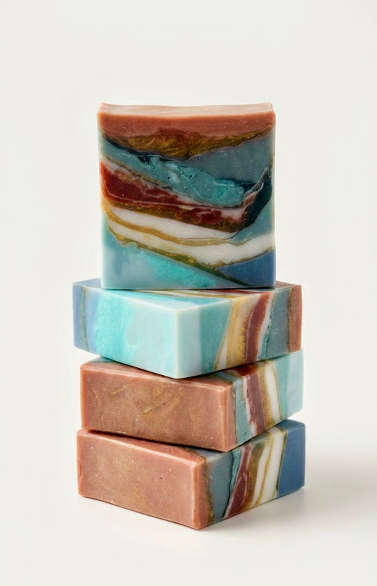 Four rectangular artisanal soaps stacked vertically, featuring a marbled pattern of turquoise, dusty rose, cream, and brown, set against a clean off-white background.