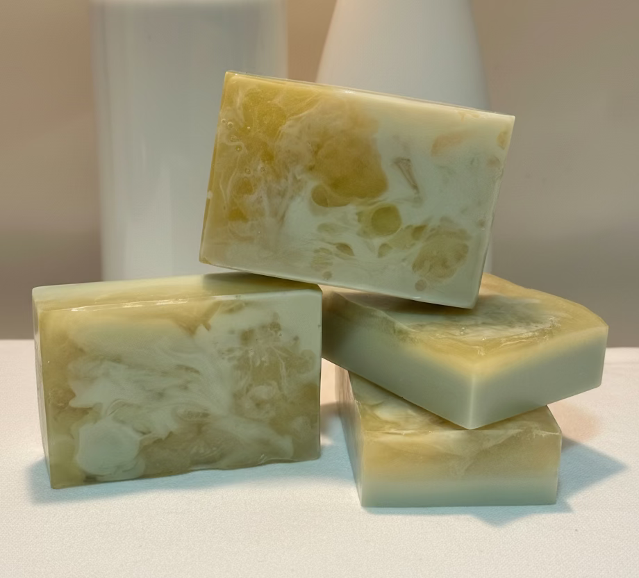 Three bars of soap with a marbled pattern on a white surface.