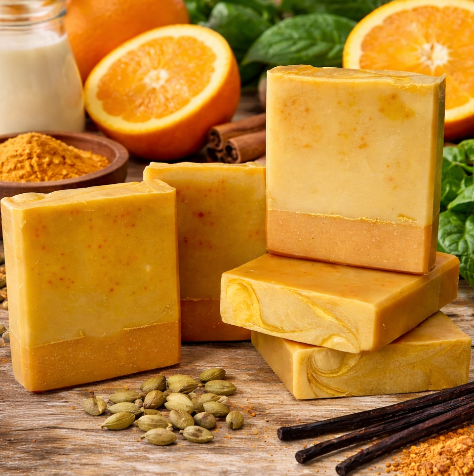 Yellow soap bars on a wooden surface with oranges, spices, and herbs in the background