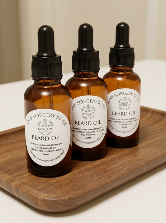 Three amber glass dropper bottles of Beard Oil by Soap Sorcery arranged on a wooden tray against a soft beige background.